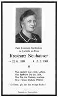 Sterbebildchen Kreszenz Neuhauser, *22.06.1889 †15.03.1961