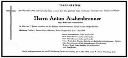 Todesanzeige Anton Aschenbrenner, *02.04.1888 †07.05.1959
