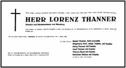 Todesanzeige Lorenz Thanner, *14.10.1888 †01.03.1960