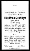 Sterbebildchen Maria Staudinger, *27.07.1872 †06.04.1957
