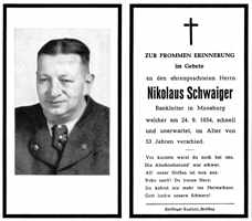 Sterbebildchen Nikolaus Schwaiger, *1901 †24.09.1954