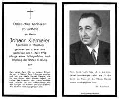 Sterbebildchen Johann Kiermaier, *02.05.1905 †01.04.1958