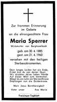 Sterbebildchen Maria Sperrer, *30.04.1885 †21.04.1960