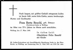 Todesanzeige Berta Besold, *1845 †27.03.1949