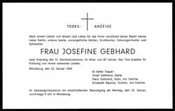 Todesanzeige Josefine Gebhard, *1877 †22.01.1960