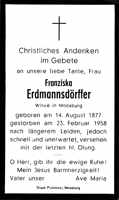 Sterbebildchen Franziska Erdmannsd�rffer, *14.08.1877 †23.02.1958