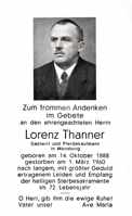 Sterbebildchen Lorenz Thanner, *14.10.1888†01.03.1960