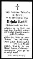 Sterbebildchen Ursula Kn�bl, *1864 †20.04.1940