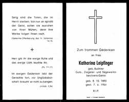 Sterbebildchen Katharina Leipfinger, *08.10.1890 †07.06.1964