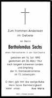 Sterbebildchen Bartholomus Sachs, *16.07.1890 †30.03.1964