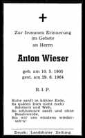 Sterbebildchen Anton Wieser, *10.05.1905 †29.06.1964