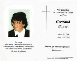 Sterbebildchen Gertraud Bauer, *04.08.1940 †01.04.1995
