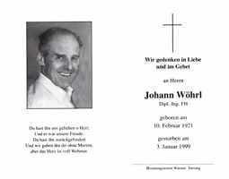 Sterbebildchen Johann Whrl, *10.02.1921 †03.01.1999