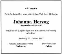 Nachruf Johanna Herzog, *28.06.1959 †20.01.1997