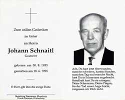 Sterbebildchen Johann Schnaitl, *30.08.1933 †18.06.1995