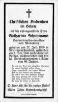 Sterbebildchen Katharina Schuhmann, *27.07.1879 †01.12.1945