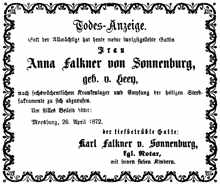 Todesanzeige Anna Falkner von Sonnenburg *1823 †1872