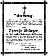 Todesanzeige Therese Strzer (*1807 †06.12.1874)