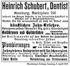 Anzeige, Heinrich Schubert, Dentist - 5. April 1919