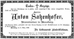 Todesanzeige Anton Satzenhofer *27.08.1828 †03.03.1896