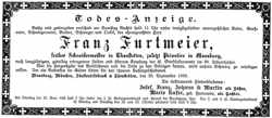 Todesanzeige Franz Furtmeier *29.12.1816 †26.09.1896