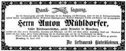 Danksagung Anton Mhldorfer, *1831 †1898