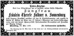 Todesanzeige Therese Falkner von Sonnenburg *1871 †1898
