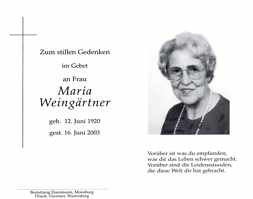 Sterbebildchen Maria Weingrtner, *12.06.1920 †16.06.2003