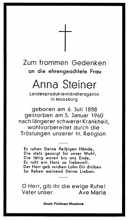 Sterbebildchen Anna Steiner, *06.07.1888 †03.01.1960