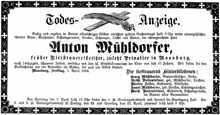 Todesanzeige Anton Mhldorfer, *1831 †1898