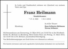 Todesanzeige Franz Heilmann, *17.08.1925 †10.03.2014