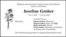 Todesanzeige Josefine Gruber *16.02.1950 †18.12.2012