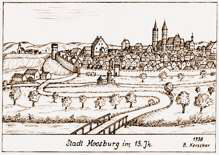 Moosburg im 15. Jahrh., gezeichnet 1998 von Bernhard Kerscher