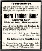 Todesanzeige Lambert Bauer, Schnurrer-Vater Tiefenbach, *1866 †1942