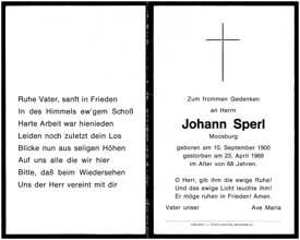 Sterbebildchen Johann Sperl, *1900 †1969