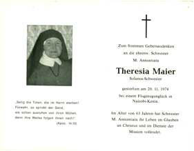 Sterbebildchen Theresia Maier, *1911 †1974
