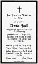 Sterbebildchen Anna Hackl *1888 †1955