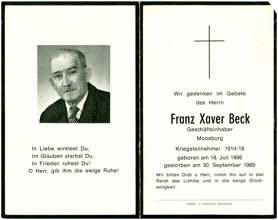 Sterbebildchen Franz Xaver Beck, *1896 †1969