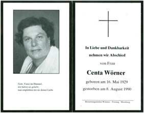 Sterbebildchen Centa Wrner, *1929 †1990
