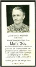 Sterbebildchen Maria G�tz *1897 †1958