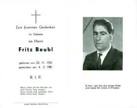 Sterbebildchen Fritz Beubl, *1931 †1981