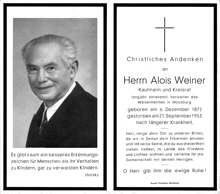Sterbebildchen Alois Weiner *6.12.1872 †21.9.1953