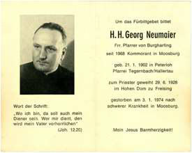 Sterbebildchen H.H. Georg Neumaier, *1902 †1974