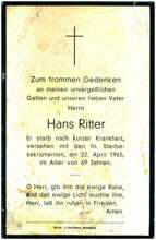Sterbebildchen Hans Ritter, *1896 †1965