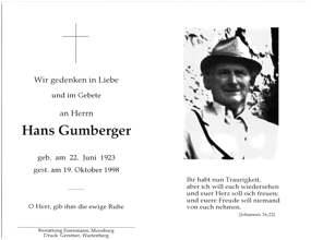 Sterbebildchen Hans Gumberger, *1923 †1998