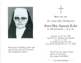 Sterbebildchen Anna Mar. Agnesia Kohr, *1898 †1985