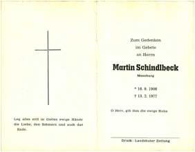 Sterbebildchen Martin Schindlbeck, *1906 †1977