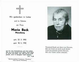 Sterbebildchen Maria Beck, *1890 †1990