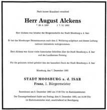 Todesanzeige August Alckens, *1897 †1983
