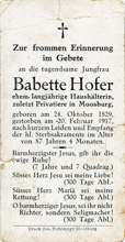 Sterbebildchen Babette Hofer, *1829 †1917